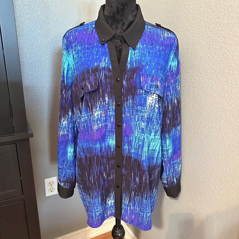 NY Collection Blouse Womens XL Blue Black Abstract Button Front Long Sleeve